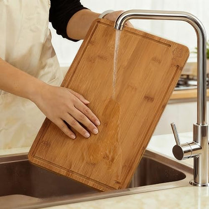 BAMBANG Bamboo Cutting Board, Dark Carbonized Chopping Boards Set of 3 with Stand, Butcher Block with Deep Juice Groove, Non-Toxic Wooden Cutting Boards for Kitchen Meal Prep & Serving - color: Dark