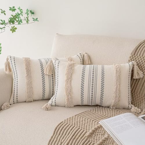 BUIOVBEY Boho Throw Pillow Covers Woven Tufted Pillow Cases with Tassels | Farmhouse Pillow Covers 12x20 Set of 2 Textured Striped Cushion Case Neutral Decorative Pillowcase for Sofa Couch Bed Khaki - color: Khaki, size: 20" x 12" (Pack of 2)
