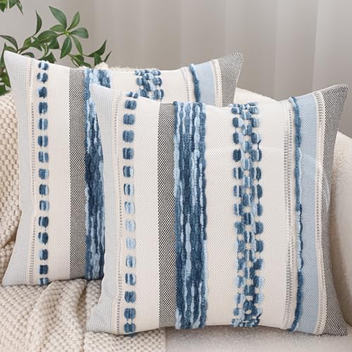 Boho Throw Pillow Covers 18x18 inch Set of 2 Sky Blue Coastal Decor | Durable Fabric,Stripe Pillow Covers,Farmhouse Cushion Case,Chenille Pillow Cases,Neutral Pillowcase for Sofa Couch Bed - color: Sky Blue Stripe, size: 18" x 18" (Pack of 2)