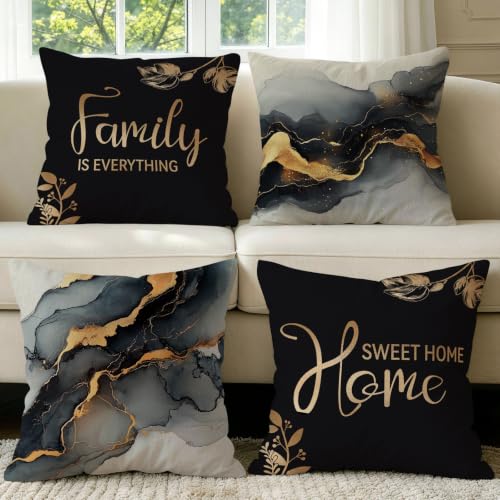 Black Gold Marble Throw Pillow Covers Set of 4, 18x18 Bless Home Decor | Faux Linen Black Gold Marble Pillow Covers with Bless Home Design Bring Warm Modern Style to Sofa Porch Entryway - color: Home Sweet Black Gold Marble, size: 18" x 18" (Pack of 4)