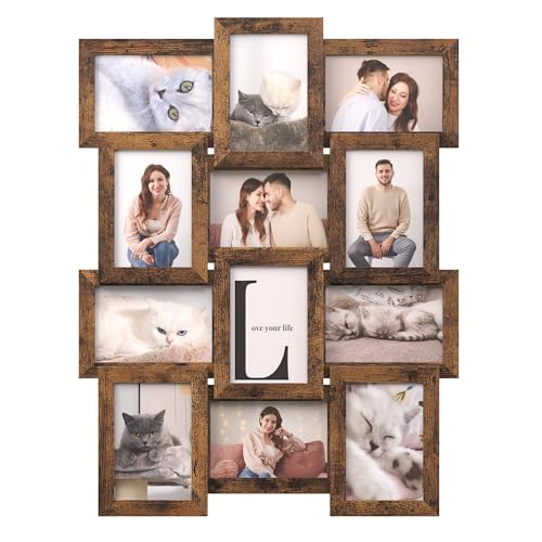 SONGMICS Collage Picture Frames, 4x6 for Wall Decor, Multi Family Photo for Gallery Decor, Glass Front, Set of 12, Rustic Brown URPF026X01 - color: Rustic Brown