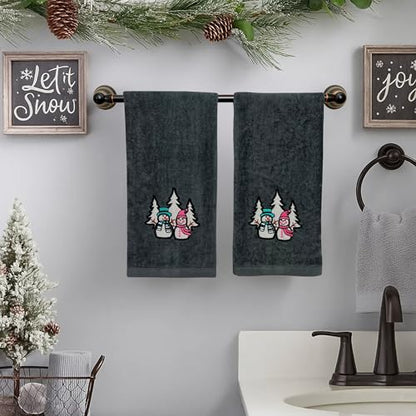 Luxury Holiday Christmas Hand Towels, Embroidered Snowmen, Forest Trees, Velour Terry Cotton, Grey, Set of 2 - color: Charcoal Grey