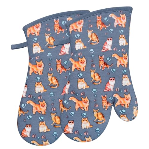 Oven Mitts 1 Pair, Non Slip Clear Silicone Printed Rooster Kitchen Gloves | Heat Resistant 480 ℉ Comfortable Cotton Lining Kitchen Men Cooking Barbecue Machine Washable (Cat, Grey mitts) - color: Cat, Blue Mitts