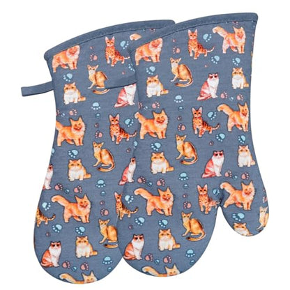 Oven Mitts 1 Pair, Non Slip Clear Silicone Printed Rooster Kitchen Gloves | Heat Resistant 480 ℉ Comfortable Cotton Lining Kitchen Men Cooking Barbecue Machine Washable (Cat, Grey mitts) - color: Cat, Blue Mitts