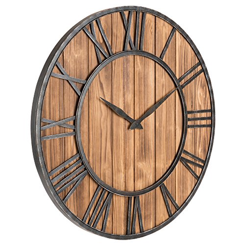 Oldtown Farmhouse Metal & Solid Wood Noiseless Wall Clock (Wood, 36-inch) - color: Wood, size: 36-inch