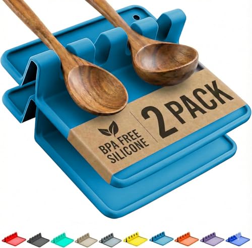 Cooler Kitchen Light Blue Silicone Spoon Rest for Stove Top with Drip Pad (Two Pack) - Heat Resistant BPA Free Utensil Rest & Spoon Holder for Kitchen Counter - Grill Utensil Holder - Spatula Holder - color: Glacier Blue, size: Medium - 2 Packs