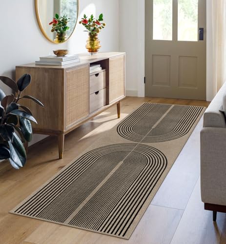 Easy Jute Rainbow Runner Rug, 2x6 Washable Rugs Runner for Hallway Non-Slip Boho Farmhouse Kitchen Runner Rug, Black and Nature Abstract Outdoor Carpet for Porch Laundry Entryway - color: Nature/Black Rainbow, size: 2' x 6' (Runner)