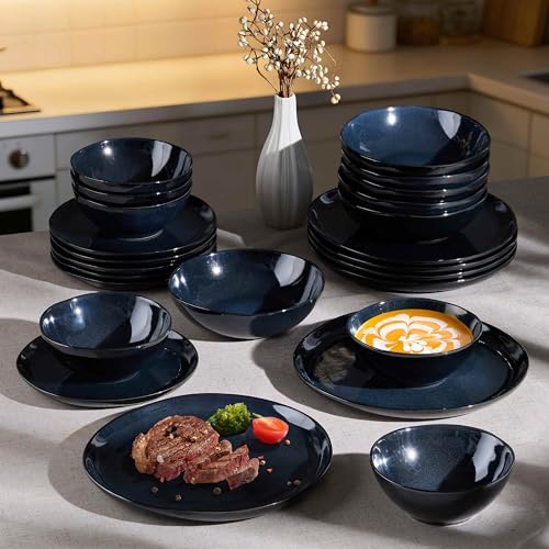 Herogo 12pcs Stoneware Dinnerware Sets for 4, Irregular Handmade Dinner Plates and Bowls, Kitchen Dining Dish Dishware Set, Microwave & Dishwasher Safe,Starry Blue - color: Starry Blue, size: 4 Set (12pcs)