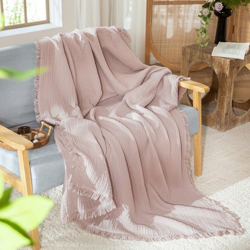 MooMee 100% Cotton Muslin Blanket, Fringed 4-Layer Gauze Bed Couch Throw | Soft Breathable Lightweight Thin Coverlet Summer Blankets for Adults, Bed & Couch All Seasons, Greyish Pink, 50" x 70" - color: Greyish Pink, size: Throw XL