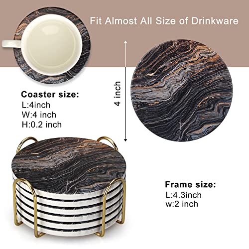 6 Pcs Black Ceramic Stone Modern Coasters with Holder Best Absorbent Drink Coasters Round Ceramic Table Coasters Set Best Coffee Table Ceramic Coaster Set - color: Black Marble