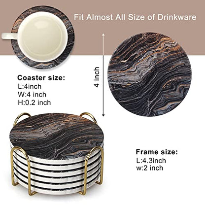 6 Pcs Black Ceramic Stone Modern Coasters with Holder Best Absorbent Drink Coasters Round Ceramic Table Coasters Set Best Coffee Table Ceramic Coaster Set - color: Black Marble