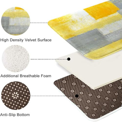 Bathroom Rug Set of 3, Bath Mats Abstract Art | Painting Yellow Grey 3 Pieces No Silp Washable Cover Floor Rug Decorations for Kitchen Bathroom
