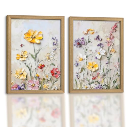 Framed 3D Textured Floral Canvas Wall Art Poster Prints 12×16 In 2P Be Hung | 3D Textured Floral Relief Wall Art, Botanical Painting Prints Poster, Ready To Hang Farmhouse Decor For Living Hallway Foyer - color: flowers 2-5, size: 12x16in
