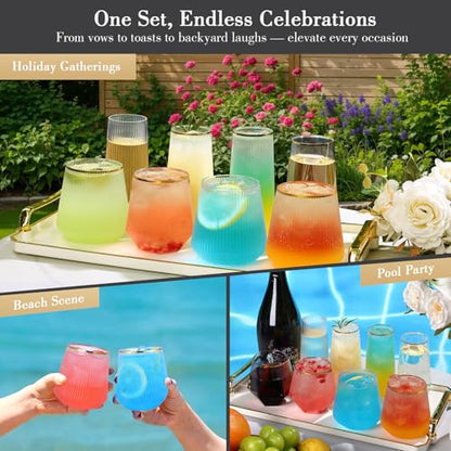 48 Pack Ribbed Plastic Wine Glasses – 24 x 9oz Stemless Champagne Flutes & 24 x 12oz Disposable Wine Glasses – Elegant Disposable Plastic Cups with Gold Rim – BPA-Free Drinkware for Weddings, Parties - color: Gold Rim Ribbed