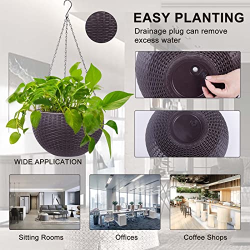 Vencer 11 Inch Round Resin Rattan Hanging Planters,Coffee,VF-A15-C | Self Watering,Drain Hole,Metal Chain,Water Indicator,Indoor Outdoor - color: Coffee