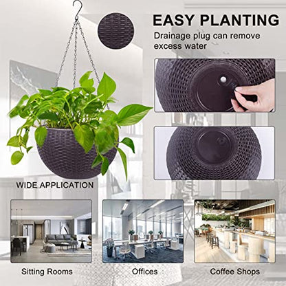 Vencer 11 Inch Round Resin Rattan Hanging Planters,Coffee,VF-A15-C | Self Watering,Drain Hole,Metal Chain,Water Indicator,Indoor Outdoor - color: Coffee