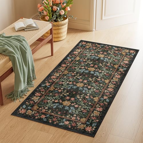 DUKINO 2x4 Rug, Washable Vintage Floral Bathroom Runner Rug, Black | Non Slip, Low Pile, Stain Resistant, Aesthetic Lightweight Soft Indoor Carpet for Kitchen Entryway Hallway Bathroom Bedroom - color: Black, size: 2' x 4' (Rectangular)