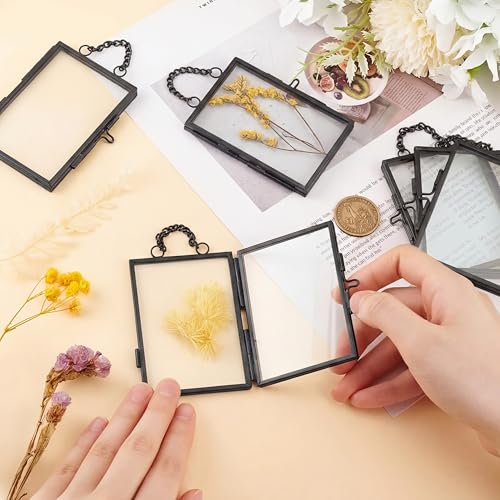 4 Pcs Pressed Flower Frame with Tweezers, Wall Hanging Tabletop Display Double Glass Frames with Metal Chain for Pressed Dried Flowers Plants, Horizontal and Vertical Picture Frame, Black, FRAMES ONLY - color: Balck-4