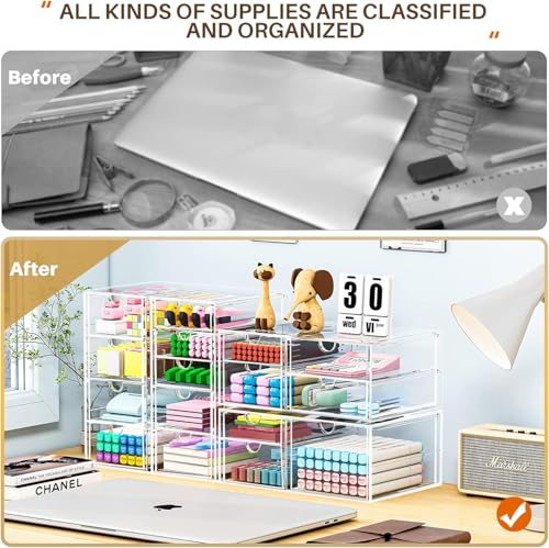 4-Pack Acrylic 16-Drawer Storage & Makeup Organizer for Desk | Smooth-glide drawers, clear acrylic, stackable, dustproof, wipe clean, for office supplies, pens, jewelry, makeup - size: 16 Drawers