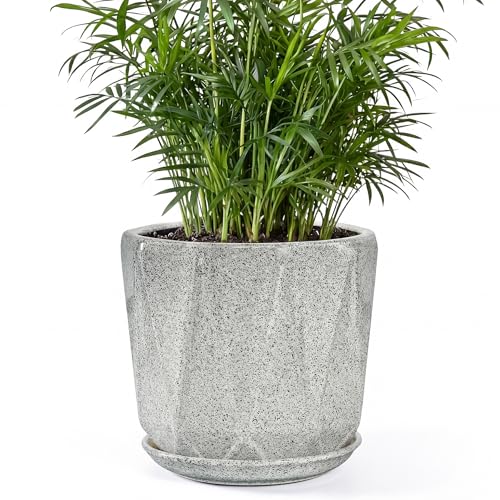 7.8 Inch Ceramic Plant Pot with Drainage Hole Mesh Net, Large Flower Pots for Indoor Plants with Saucer, Gardening Pots Outdoor(Gray-dot) - color: Gray-dot, size: 7.8 Inch