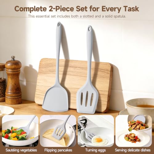 2-Pack Silicone Spatula Set, Heat Resistant Spatulas for Baking & Mixing, BPA-Free Solid & Slotted Turner for Non-Stick Pans, Kitchen Utensils for Scraping, Sauteing and Flipping (Light Gray) - color: Light Gray