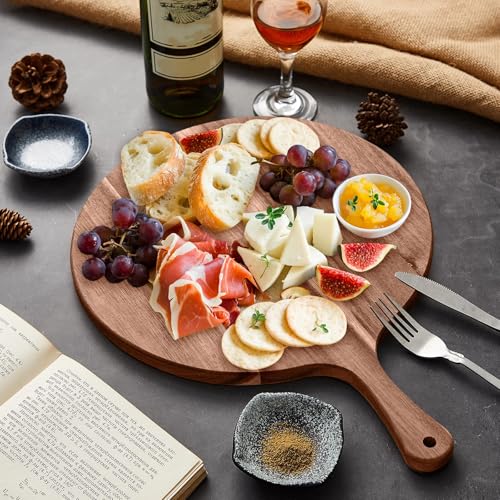 2 Pcs Round Wood Cutting Board Pizza Charcuterie Boards 16" x 12" Acacia Serving Board Wooden Peel Cheese Paddle with Handle Kitchen Gift for Home Food Baking Cheese Fruits Vegetables Bread