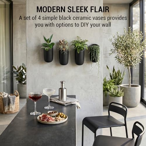 MyGift 7.5 Inch Wall Mounted Modern Matte Black Ceramic Cylindrical Plant Containers, Floating Succulent or Herb Planter Pots, Vertical Hanging Flower Vases, Set of 4 - color: Matte Black (7.5 Inch)
