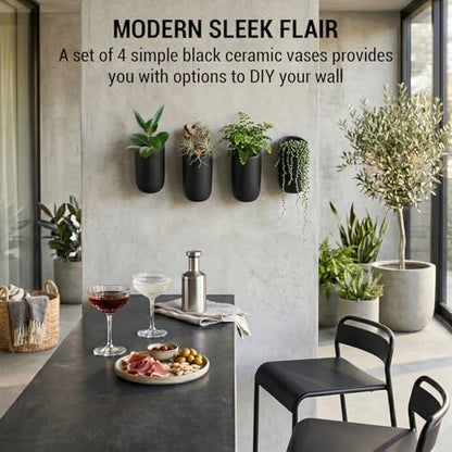 MyGift 7.5 Inch Wall Mounted Modern Matte Black Ceramic Cylindrical Plant Containers, Floating Succulent or Herb Planter Pots, Vertical Hanging Flower Vases, Set of 4 - color: Matte Black (7.5 Inch)
