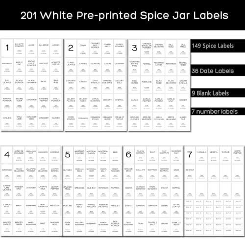 201 Spice Jar Labels - Preprinted Minimalist Waterproof Stickers for Kitchen Jars, Herb & Seasoning Labels for Pantry Organization - style: White Square spice labels