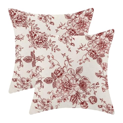 AEIOAE Chinoiserie Floral Pillow Covers 16 x 16 Inch Set of 2, Vintage Burgundy Red Flower Decorative Throw Pillow Covers Outdoor Linen Farmhouse Decor Pillowcase for Home Sofa - color: Burgundy Red Chinoiserie, size: 16" x 16" (Pack of 1)
