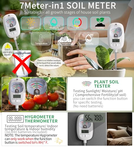 HSLGOVE Soil Test Kit, 7-in-One Soil Moisture Meter/Soil PH Meter/Fertility, Dual Screen Soil Tester w/Digital Soil Temp/Air Temp&Humidity for Plants Gardening,Lawn,Farm Indoor&Outdoor-Lvory White