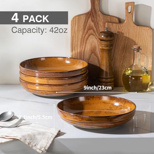 HAPPY KIT 9'' Pasta Bowls, 42oz, Stoneware Set of 4, Ocher | Large Salad Bowl, Ceramic Serving Bowls, Double Reactive Glaze, Ideal for Housewarming, Festivals, Microwave Safe - color: Ocher