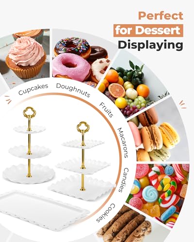 Kootek 10pcs Cupcake Stand Dessert Table Display Set Serving Tray for Party | 3-Tier Cupcake Stand, 6 Rectangular Trays, Hold 128 Standard Cupcakes, Cookie Display, BPA-Free, No Tools Required, Hand Wash - color: Gold & White, size: 10 Set