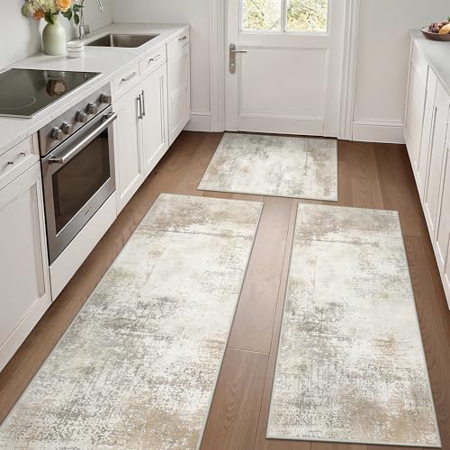 GENIMO Kitchen Rugs Set of 3, Washable Non Slip Kitchen Mats for Floor | 20"x32"&20"x48"&20"x59", Light Brown vintage abstract rug, soft faux cashmere, low pile, easy-clean for laundry - color: Light Brown, size: 20"x32"+20"x48"+20"x59"