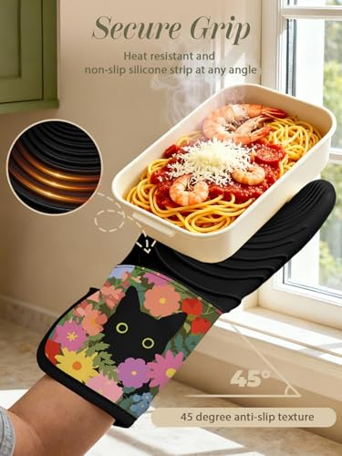 Slohif Long Silicone Oven Mitts Heat Resistant for Women - 2 Pcs Black Cat 100% Cotton Oven Gloves, Non-Slip and Waterproof Silicone Oven Mitts with Hanger for Baking and Cooking - color: Black