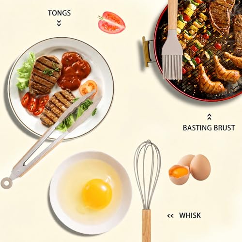 MIBOTE Silicone Cooking Kitchen Utensils Set, Wooden Handle, Khaki | BPA-Free, Non-Toxic Silicone Turner, Tongs, Spatula, Spoon Set – Great for Nonstick Cookware, Heat-Resistant, Easy Clean - color: Khaki