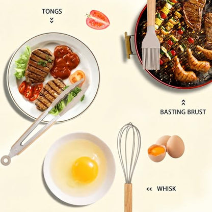 MIBOTE Silicone Cooking Kitchen Utensils Set, Wooden Handle, Khaki | BPA-Free, Non-Toxic Silicone Turner, Tongs, Spatula, Spoon Set – Great for Nonstick Cookware, Heat-Resistant, Easy Clean - color: Khaki