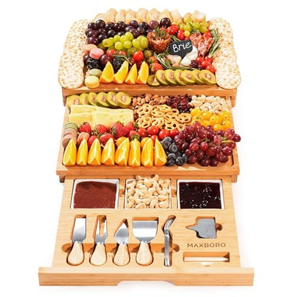 Extra Large Bamboo Charcuterie Board, 3-Layer Pull-Out Cheese Trays | 33.7"x15.7" 3-Layer Pull-Out Cheese Board with Slate Plate, Knife Set, Bowls, Ideal for Home Parties and Housewarming Gifts - color: Natural Bamboo