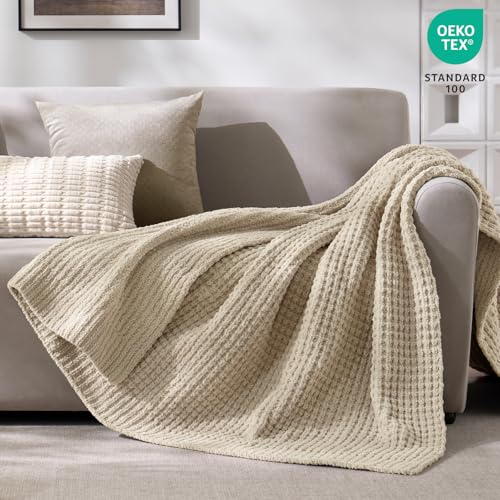 PHF Chenille Waffle Knit Throw Blanket- Plush Warm & Cozy 50" x 60" Ultra Soft Blanket- Chunky Fluffy Waffle Throws for Couch Bed Sofa - Natural - color: Natural, size: Throw(50"X60")