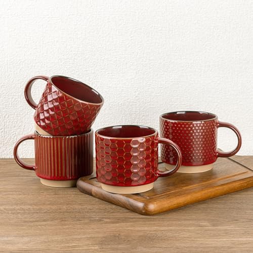 GBhome 15 OZ Stackable Coffee Mugs Set of 4, Ceramic Coffee Cups Set | 4 Assorted Designs, Embossed Mugs with Texture Patterns for Tea/Coffee, Dishwasher&Microwave Safe, Burgundy - color: Burgundy, size: 15 Ounces