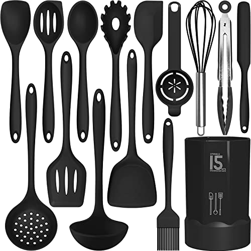 AOTHOD Silicone Cooking Utensils Set - 446°F Heat Resistant Kitchen Utensils,Turner Tongs,Spatula,Spoon,Brush,Whisk,Kitchen Utensil Gadgets Tools Set for Nonstick Cookware,Dishwasher Safe (BPA Free) - color: Black