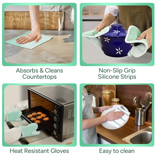 Casa Platino Potholders & Oven Mitts Heat Resistant, 8-Piece Mini Oven Mitt with Silicone Grip, Potholder for Kitchens, 2 Kitchen Towels & 2 Dish Cloths – Durable & Non-Slip – Sage - color: 01: Oven Mitts - Sage, size: Oven Mitt Set - 8 Pack
