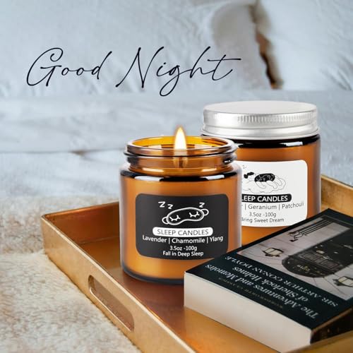 2 Pack Scented Candles Set|7 oz.Sleep Sweet Dream with Lavender,Geranium and Patchouli, Deep Sleep with Lavender,Chamomile Aromatherapy Candle,Long Lasting Time,Perfect Home Gifts for Men,Women | Lavender, Chamomile & Ylang-Ylang Natural Scented Candle Se