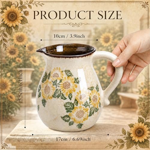 Retro Rustic Ceramic Utensil Holder 6.1" Modern Farmhouse Utensil Crock with Handle Kitchen Organizer for Countertop Home Decoration Housewarming Gift(Sunflower) - style: Sunflower