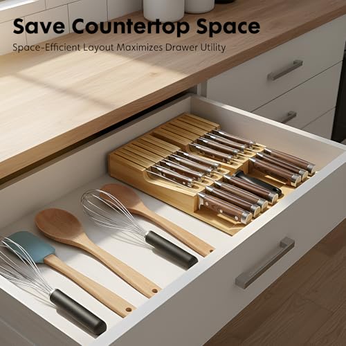 Bamboo Kitchen Drawer Knife Holder, In-drawer Knife Block, Knife Drawer Organizer fit for 16 knives and 1 steel sharpening | Compact design,17 Slots, Thicker Base Board, Large Drawer Knife Storage For Steak, Paring, Bread Knives, Sharpening Steel - size:
