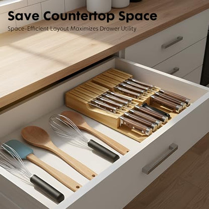 Bamboo Kitchen Drawer Knife Holder, In-drawer Knife Block, Knife Drawer Organizer fit for 16 knives and 1 steel sharpening | Compact design,17 Slots, Thicker Base Board, Large Drawer Knife Storage For Steak, Paring, Bread Knives, Sharpening Steel - size: