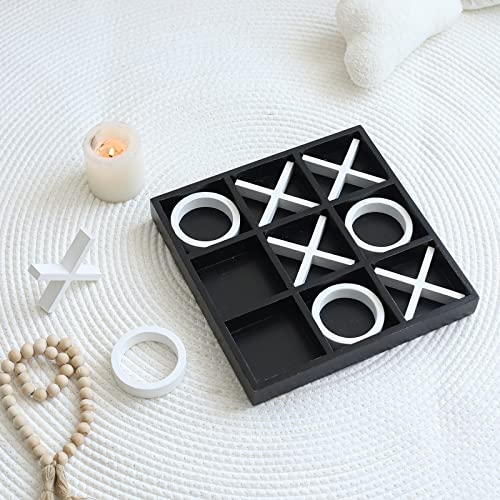 Wooden Tic Tac Toe Coffee Table Decor, Black and White Geometric Home Décor Accent, 12" x 12"