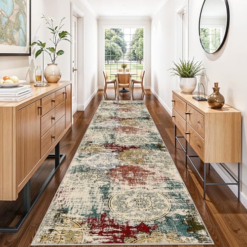 Long Hallways Runner Rug 2x10: Washable Non-Slip Low Pile Abstract Mandala | Modern Easy Cleaning Indoor Floor Thin Carpet for Corridors Kitchen Bedroom Grand Foyer Mudroom Laundry Room Red Green Multi - color: Red/Green/Multi, size: 2' x 10' (Rectangular