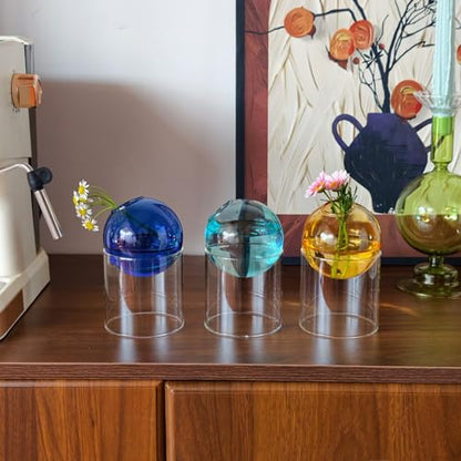 3-Pack Plant Propagation Station, Geometric Glass Vase Set | Mini Flower Vases & Planter Terrariums for Tables - color: Blue + Aqua + Amber