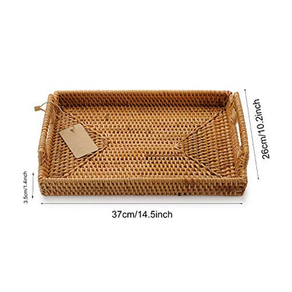 Hand-Woven Rattan Rectangular Serving Tray with Handles for Breakfast, Drinks, Snack for Coffee Table (14.5x10.2x1.4inches) - size: 14.5x10.2x1.4inches